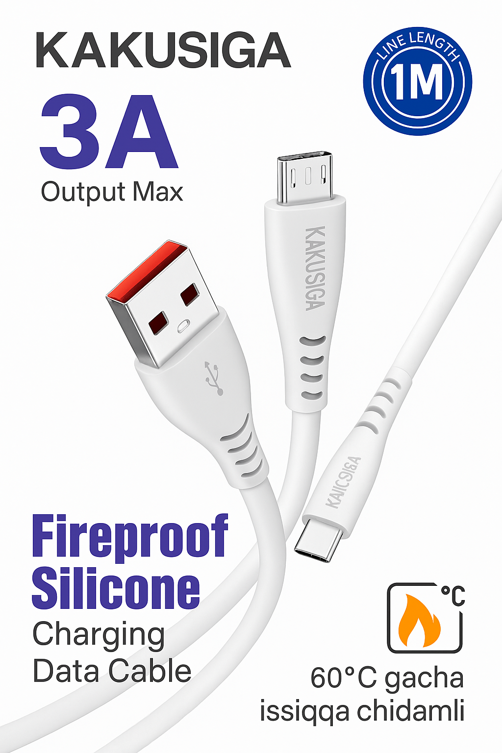 Кабель KAKUSIGA USB-Micro 3A для быстрой зарядки | 1 м | Огнестойкий силикон | Термостойкость до 60°C