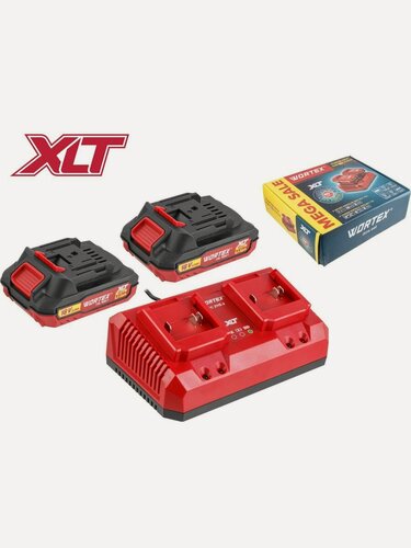 Изображение товара Комплект аккумуляторов WORTEX 18В 2Ач 2 штуки и зарядное устройство 2х2 А для инструментов WORTEX XLT (2329018)