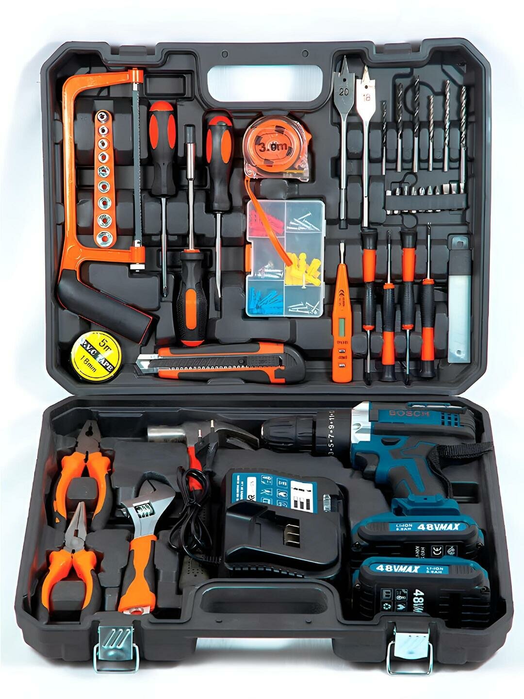 Ударный шуруповерт-дрель аккумуляторный : 54 предмета, с кейсом, быстрозажимной патрон