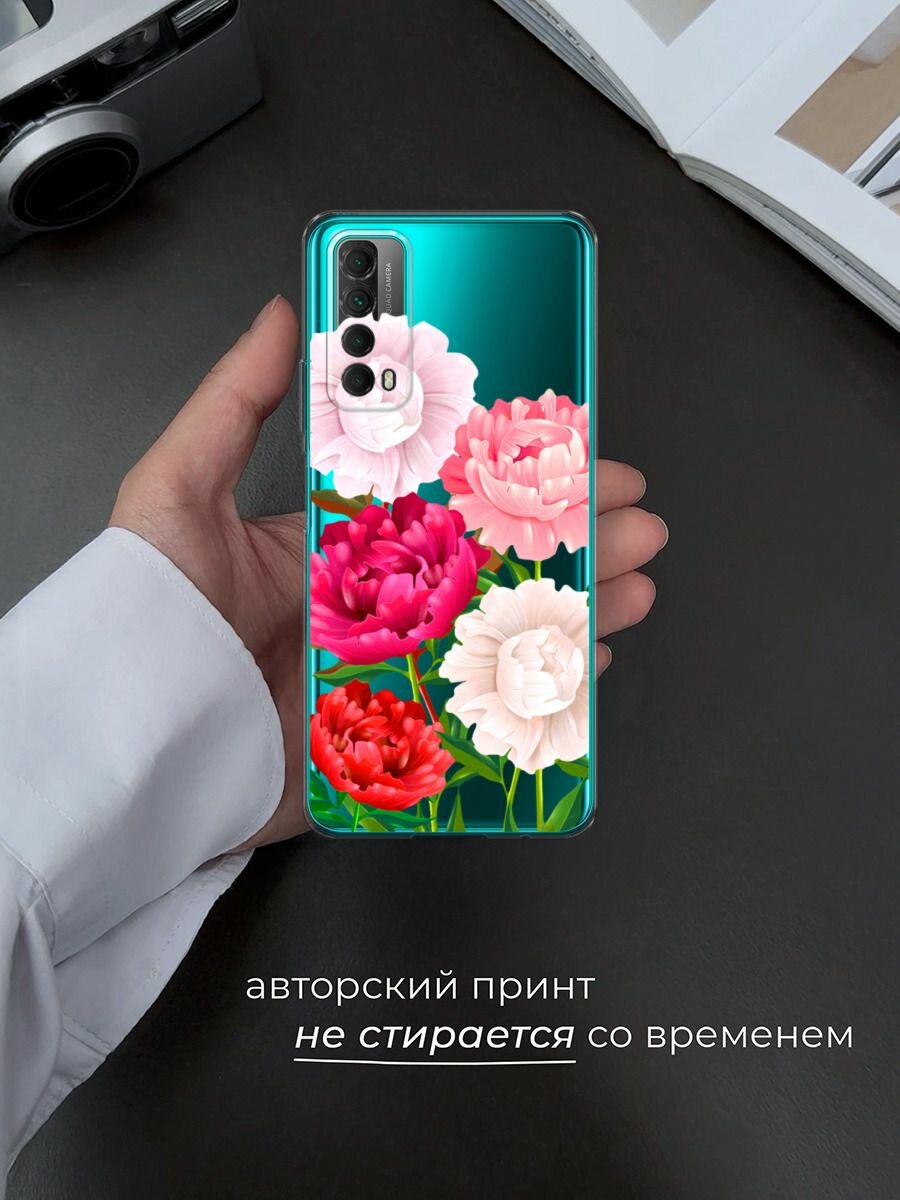 Чехол на Huawei P Smart 2021 / Хуавей П Смарт 2021 с принтом "Большие пионы", прозрачный — фото 1