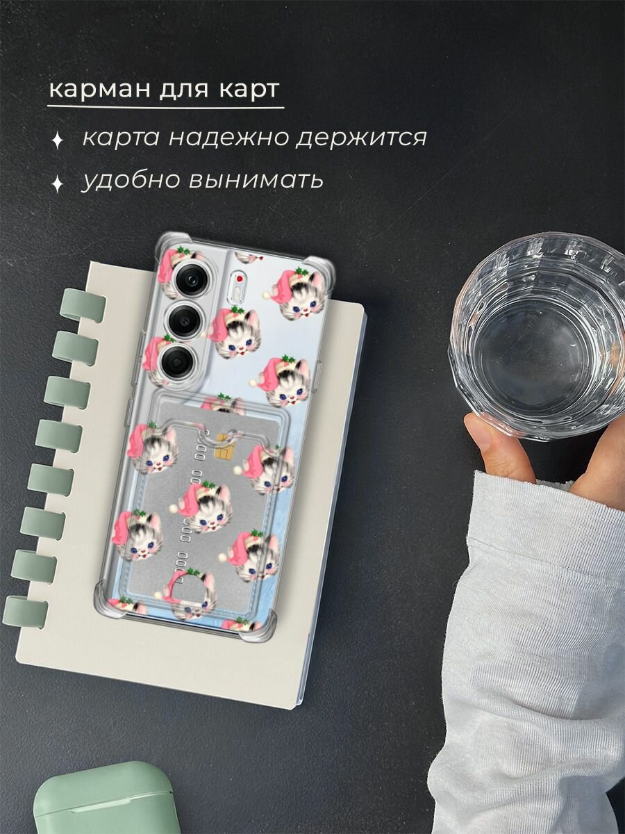 Чехол на Tecno Camon 40 Pro (Текно Камон 40 Про) с картой и принтом "Котик в шапке паттерн" — фото 1