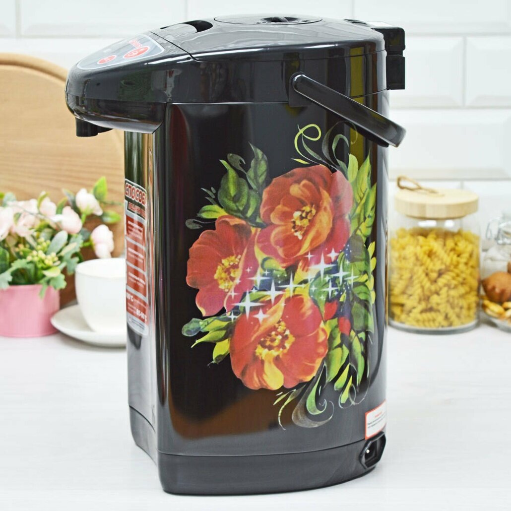 Термопот Sakura 4.2л с цветочным рисунком, мощность 750 Вт, черный