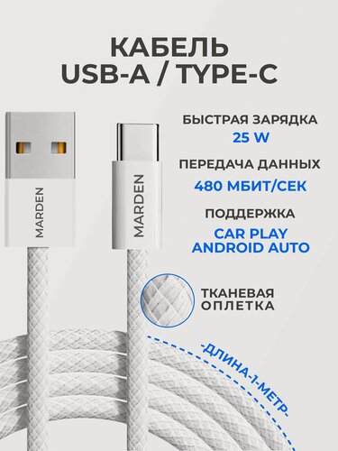 Изображение товара Кабель usb type-c 1 метр в тканевой оплетке / провод для авто / для carplay или android auto