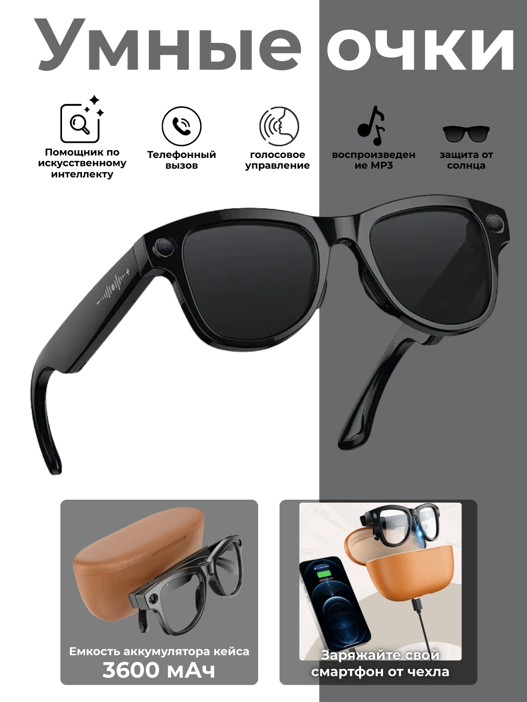 Умные очки Smart Glasses AI, с камерой, Bluetooth и защитой IP65, помощник нового поколения