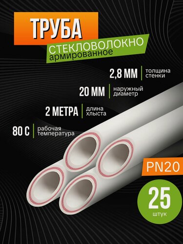Изображение товара Труба 20*2,8, армированное стекловолокно, 2 метра, набор 25 шт