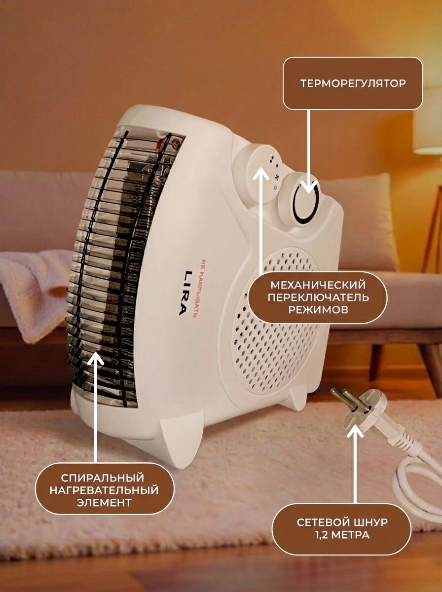 Тепловентилятор, 2 кВт, обогреватель электрический, ветродуйка, конвектор электрический Lira 3 — фото 1