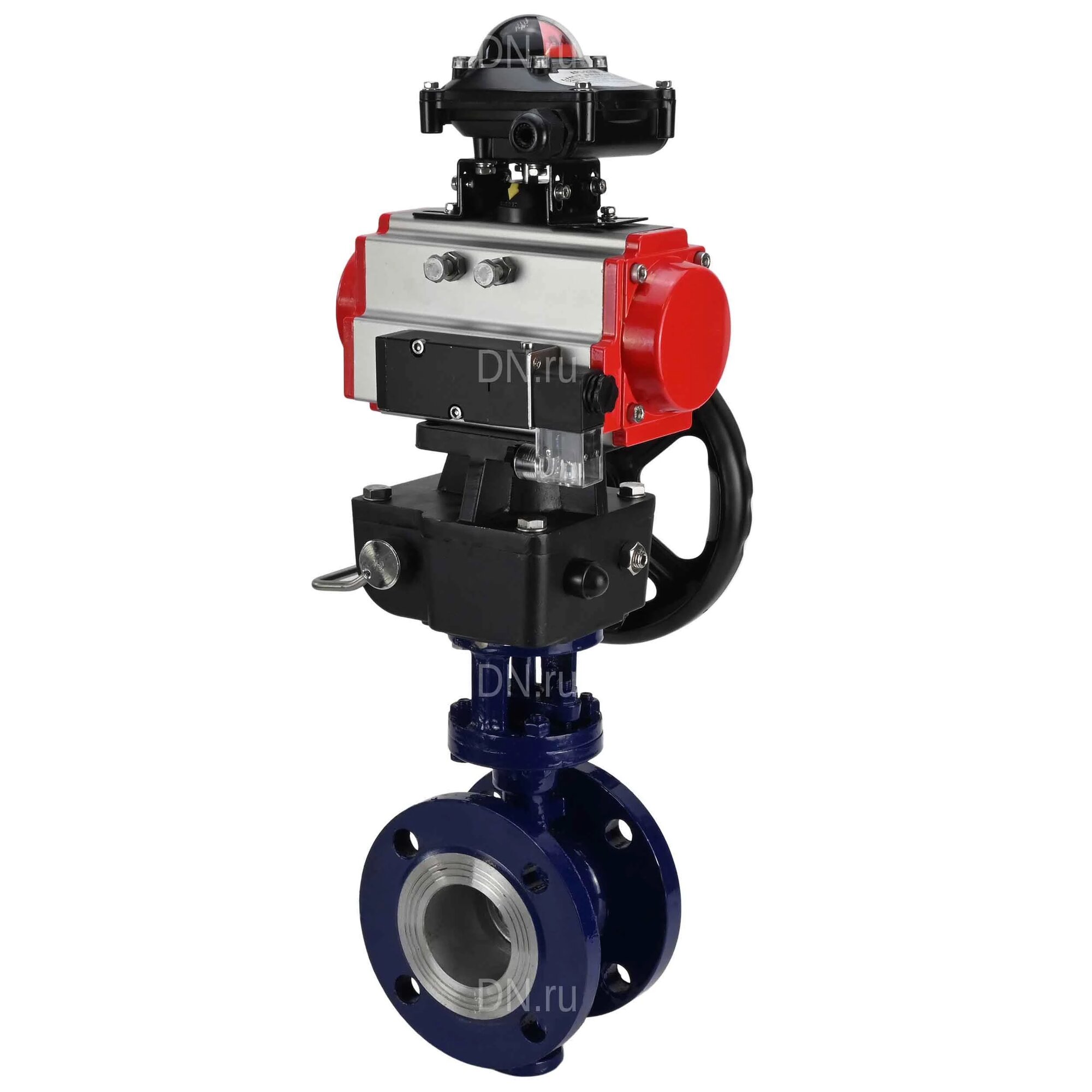 Затвор дисковый поворотный с тройным эксцентриситетом DN.ru WCB-304-M-F-ISO Ду65 Ру25 фланц. сталь WCB диск - нерж. сталь 304 METAL с пн. приводом DA-083 пн. распределителем PND2-S1EM-52-1NC-J08-220VAC БКВ LSB-210-02NM12-220/24 и дублером HDM-2