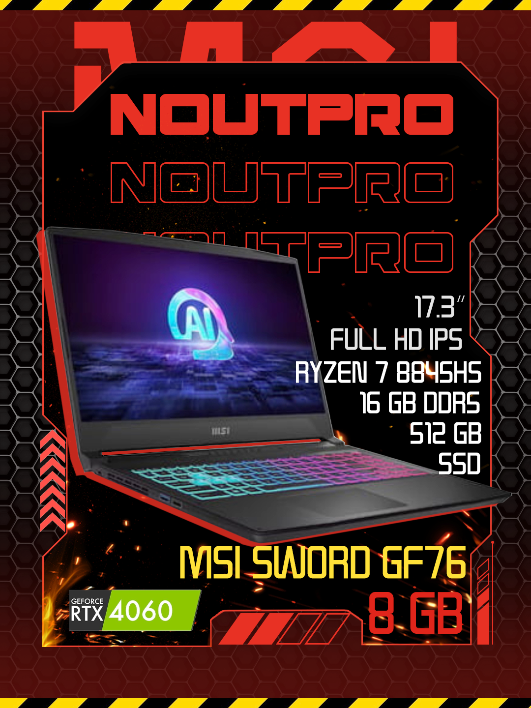 Ноутбук MSI Sword GF76, Ryzen 7 8845HS,16 GB DDR5/512GBSSD RTX 4060 8 GB-17.3″ Full HD IPS