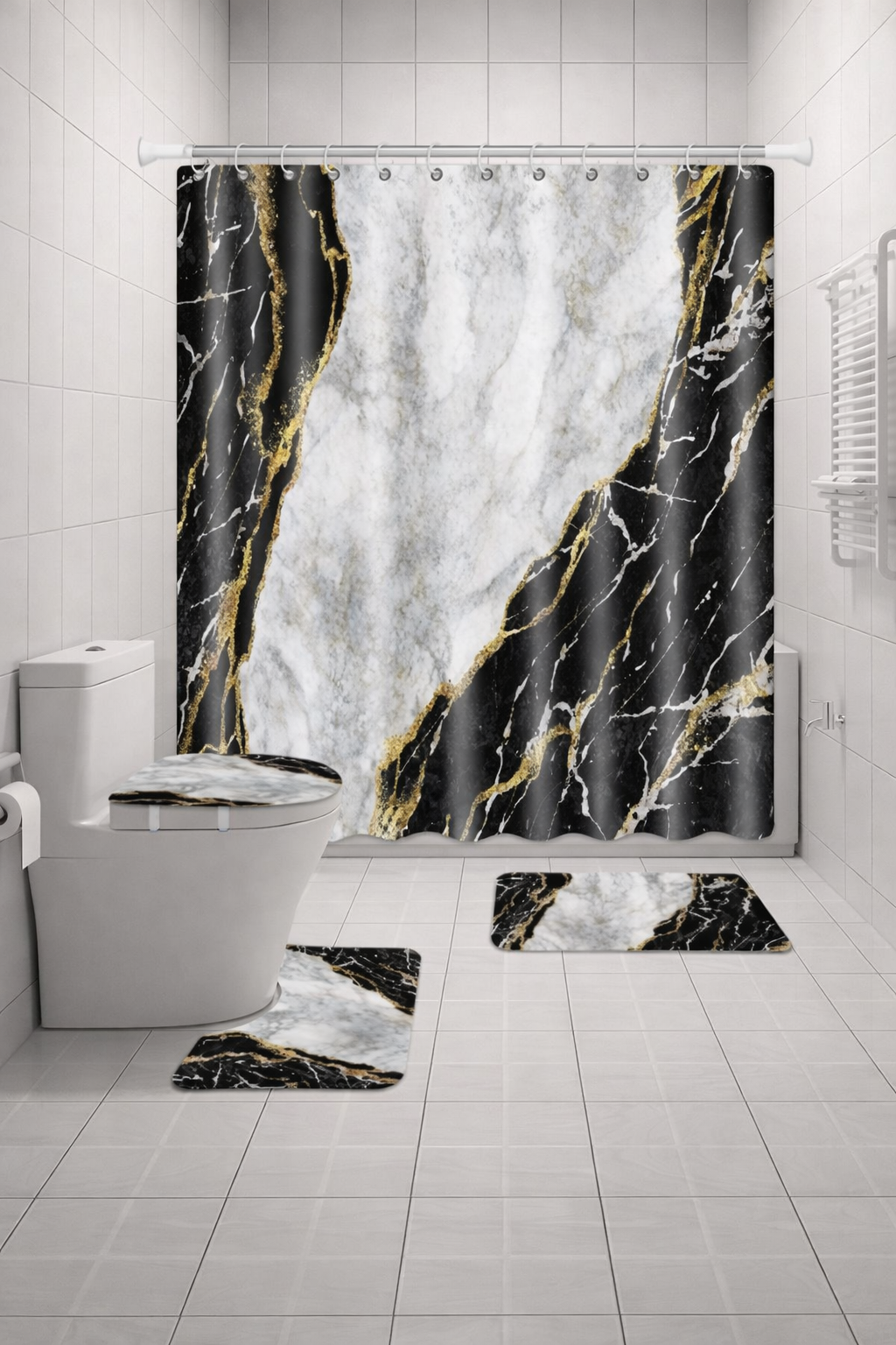 Набор для ванной комнаты 4 в 1, шторка и коврики, дизайн "Черный мрамор с золотом"