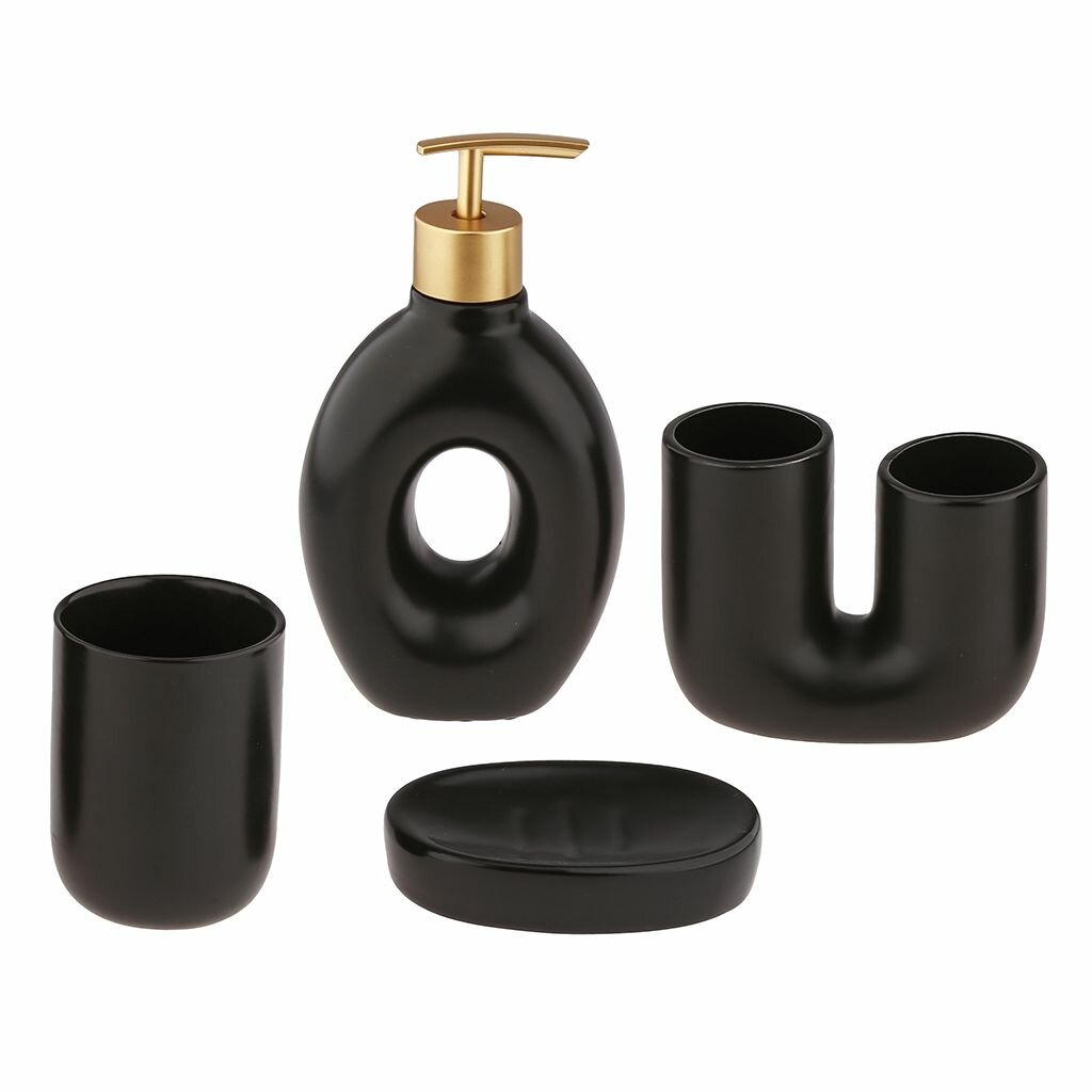 Набор д/ванной 4пр "Мехико" дозатор/мыльница/стакан-двойной/стакан керамика, глянцевая глазурь, черный/золотой