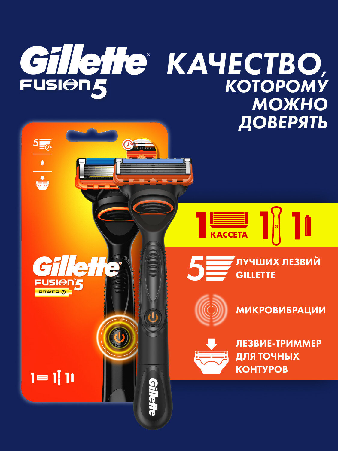 Бритвенный станок Gillette Fusion5 Power с успокаивающими микроимпульсами, 5 лезвий, 1 кассета