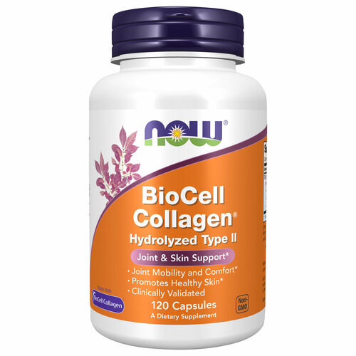 NOW Biocell Collagen, Коллаген куриный для суставов и связок, для волос кожи и ногтей, 1000 мг 120 растительных капсул