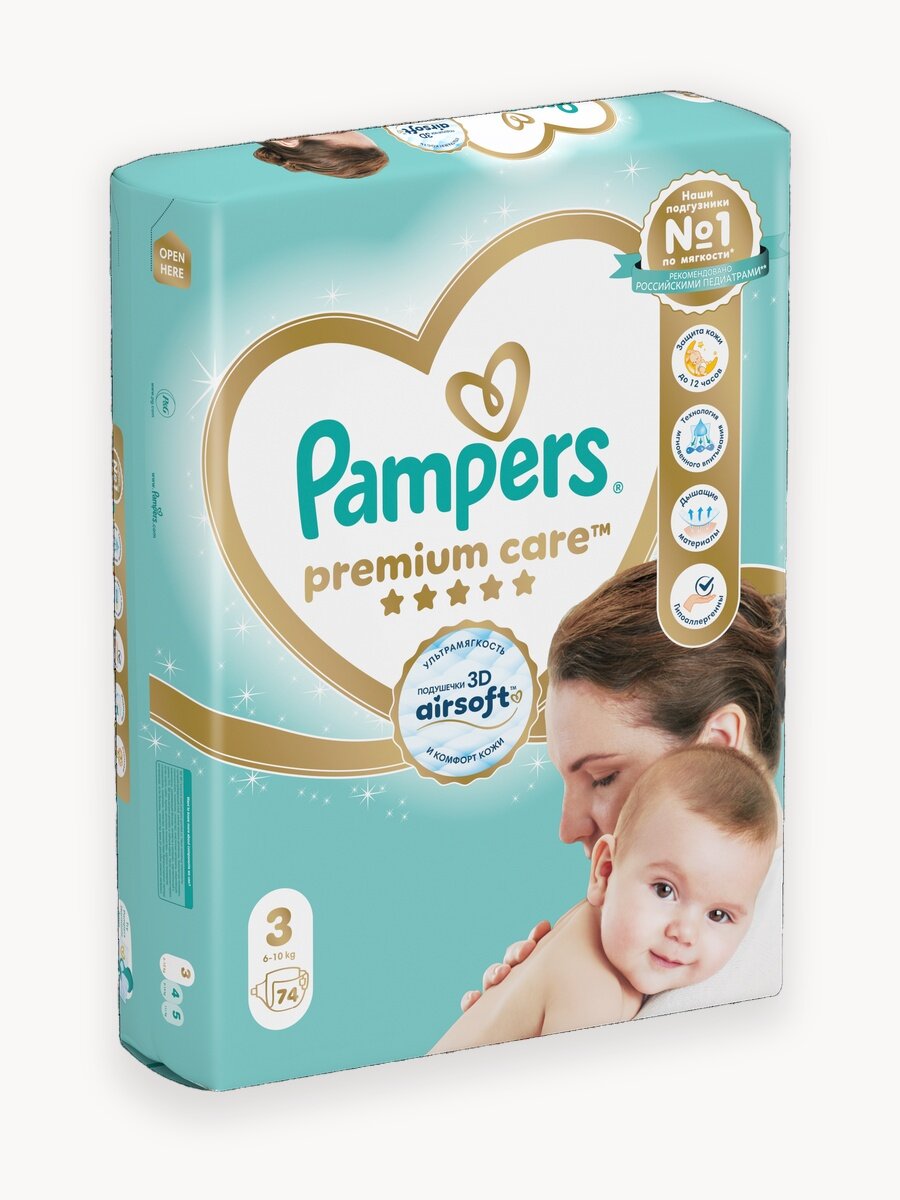Подгузники Pampers Premium Care для малышей 6-10 кг, 3 размер M, 74 шт
