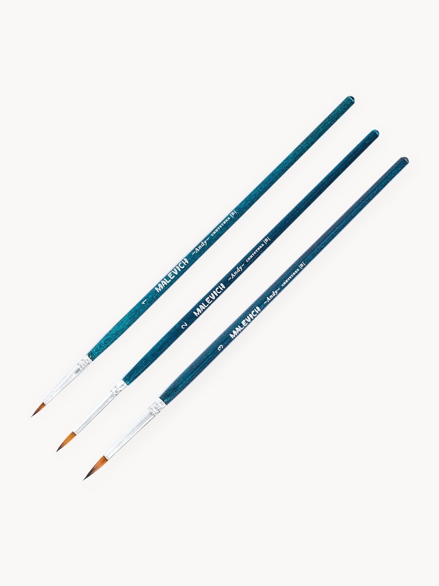 Кисти для рисования из синтетики Andy, набор кистей Малевичъ, круглая №1, 2, 3