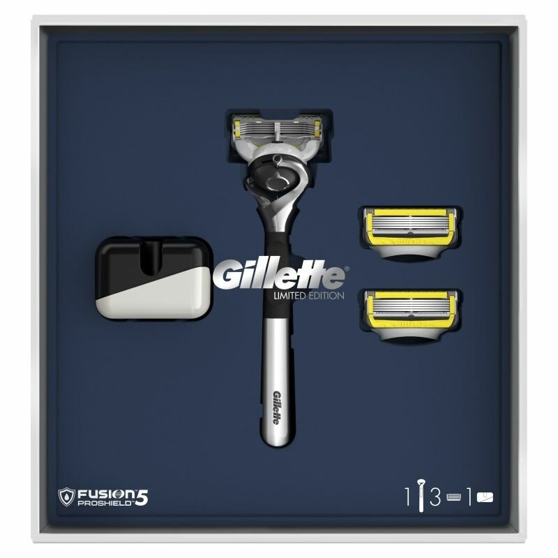 Подарочный набор для мужчин Gillette Fusion ProShield, Бритва, 3 сменных кассет, подставка