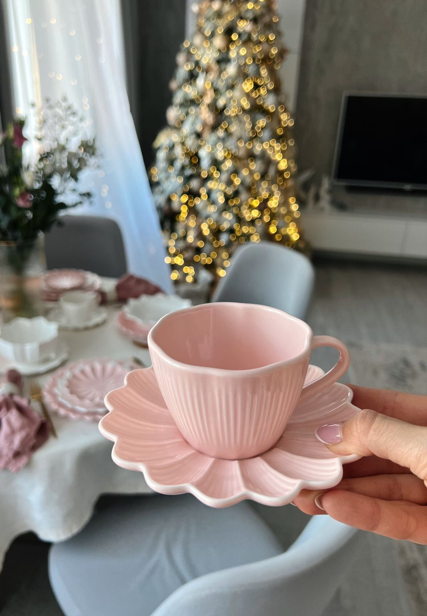 Чашка для кофе с блюдцем Lotus magic 150мл розовая