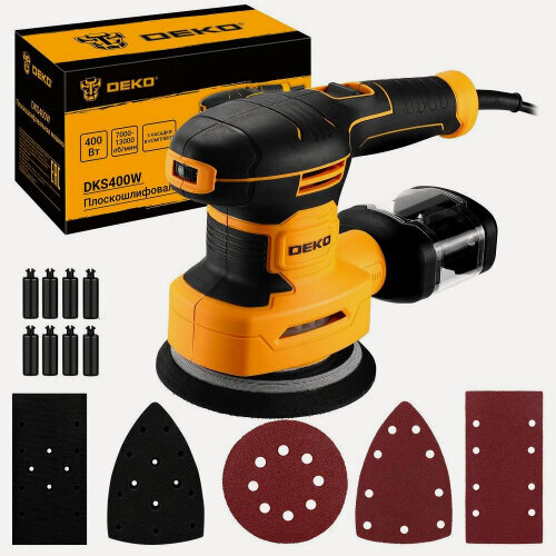 Изображение товара Эксцентриковая шлифовальная машина Deko DKS400W, (3 в 1) со сменными подошвами, 400Вт (085-1058)