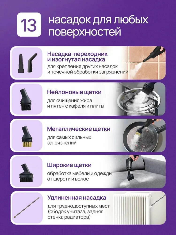 Пароочистители Xiaomi Пароочиститель Xiaomi, ручной, 2500Вт, 7насадок, 1600мл, 1.7кг, 7шт