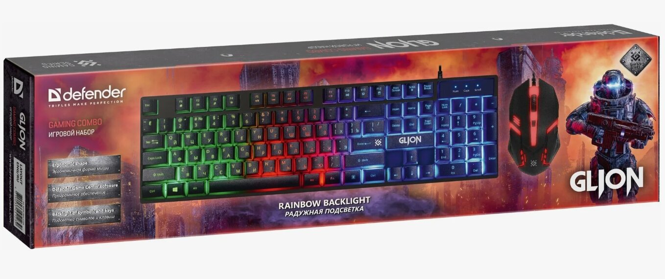 Игровой набор Defender GLION, клавиатура с подсветкой RGB+ мышь, проводное подключение, USB — фото 1