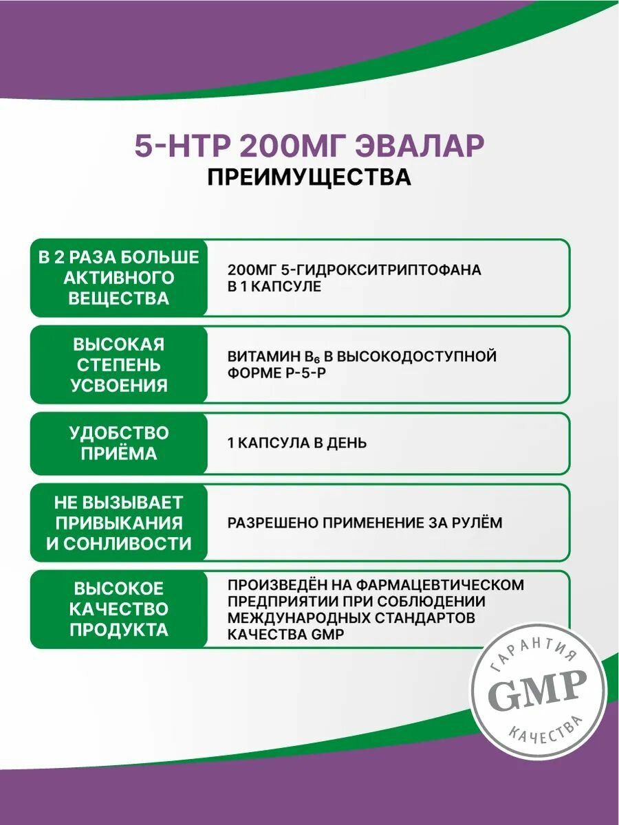 5-гидрокситриптофан (5-HTP), 200 мг, 60 капсул, Эвалар — фото 1