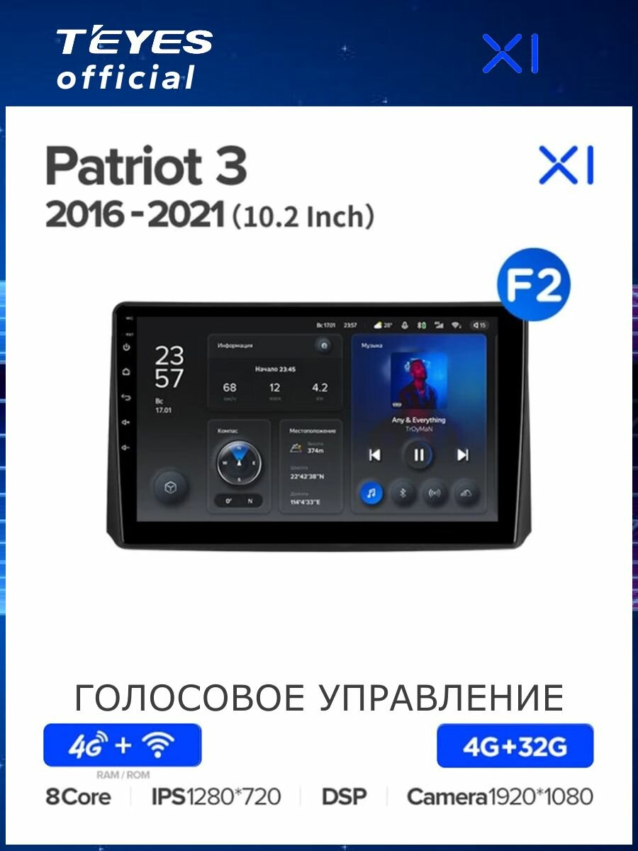 Магнитола UAZ Patriot 3 2016-2021 (Комплектация F2) Teyes X1 4G 4/32GB, штатная магнитола, 8-ми ядерный процессор, IPS экран, DSP, 4G, Wi-Fi, 2 DIN