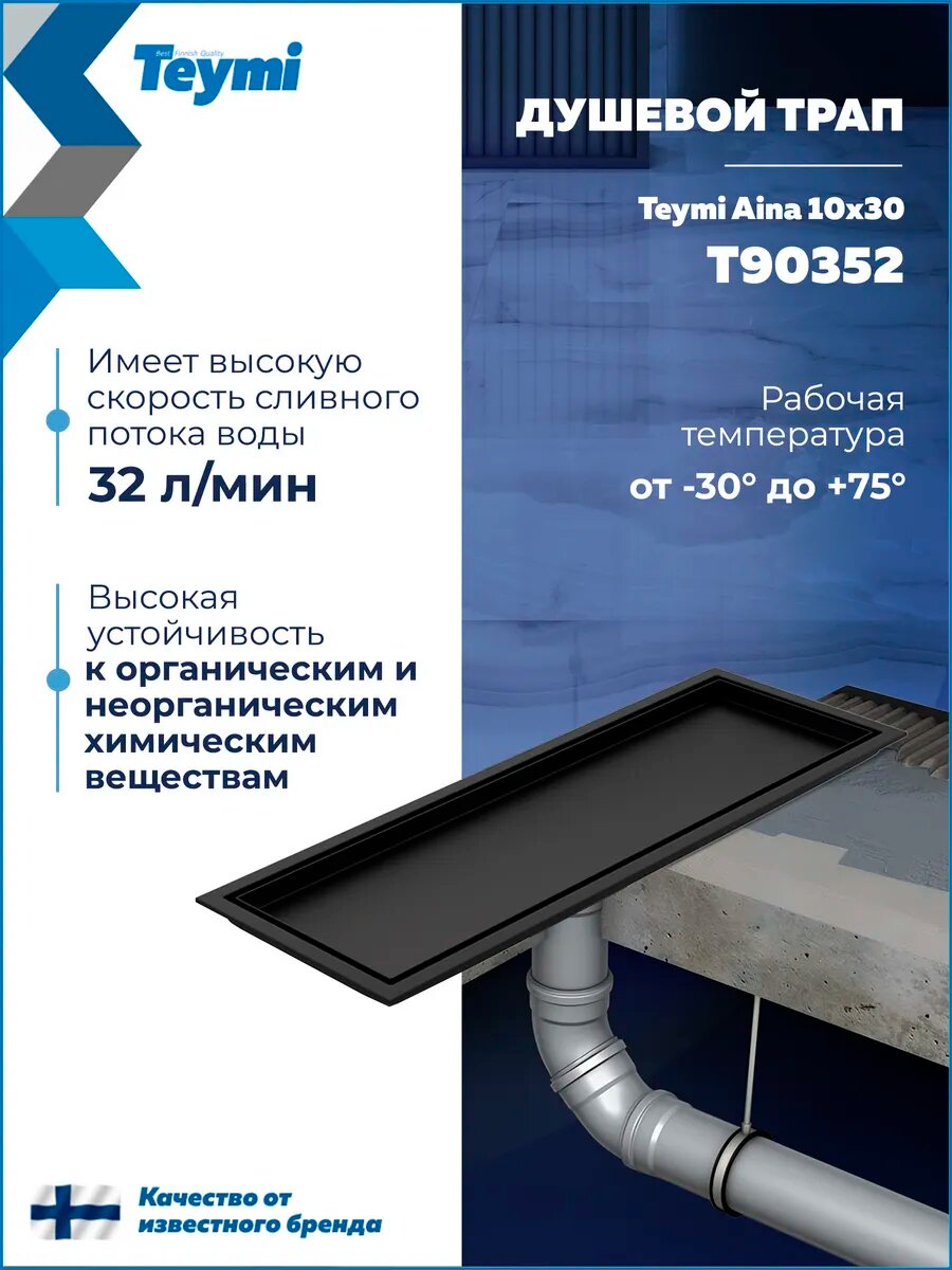 Трап для душа под плитку с сухим затвором вертикальный выпуск Teymi Aina 10х30 черный T90352 — фото 1