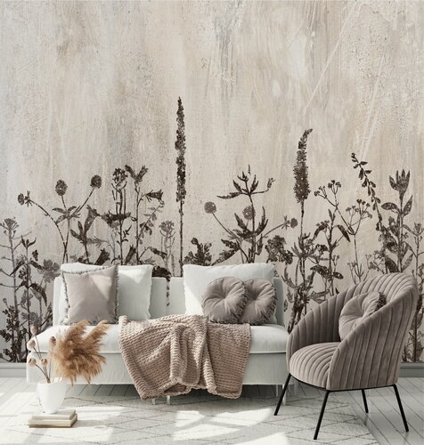 Изображение товара Флизелиновые фотообои на стену "Полевые цветы в стиле гранж в бежево-коричневых оттенках" 300х270 см