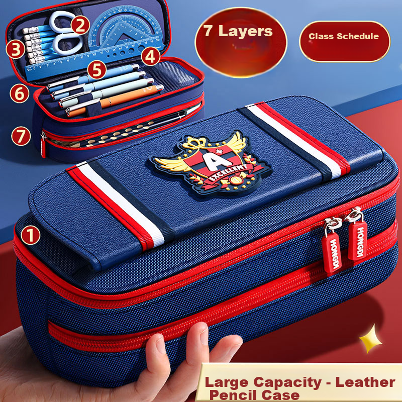 Gold value leather college style pencil case/British blue pencil case pencil case primary school students large capacity girls boys high value first grade junior high school pencil case stationery bag multifunctional simple