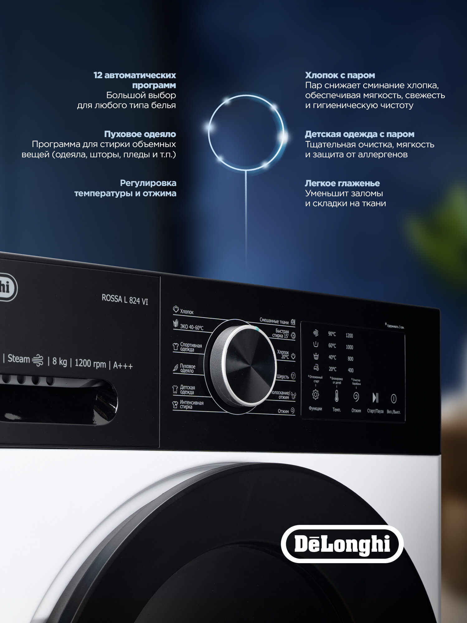 Стиральная машина автомат DeLonghi ROSSA L 824 VI (2025 г.), функция пара, 8 кг, инверторный мотор, подсветка барабана — фото 1