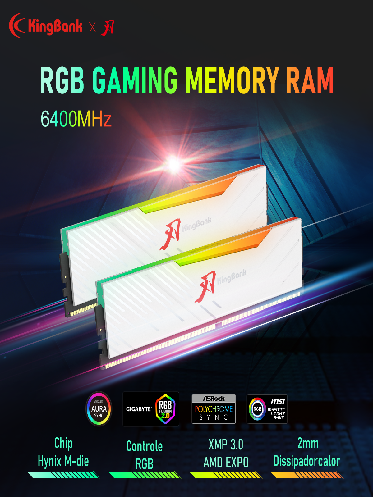 Kingbank Оперативная память White Solarblade RGB DDR5 UDIMM 6400MHz 2*48GB White Heatsink (Hynix M-die C32) — фото 1
