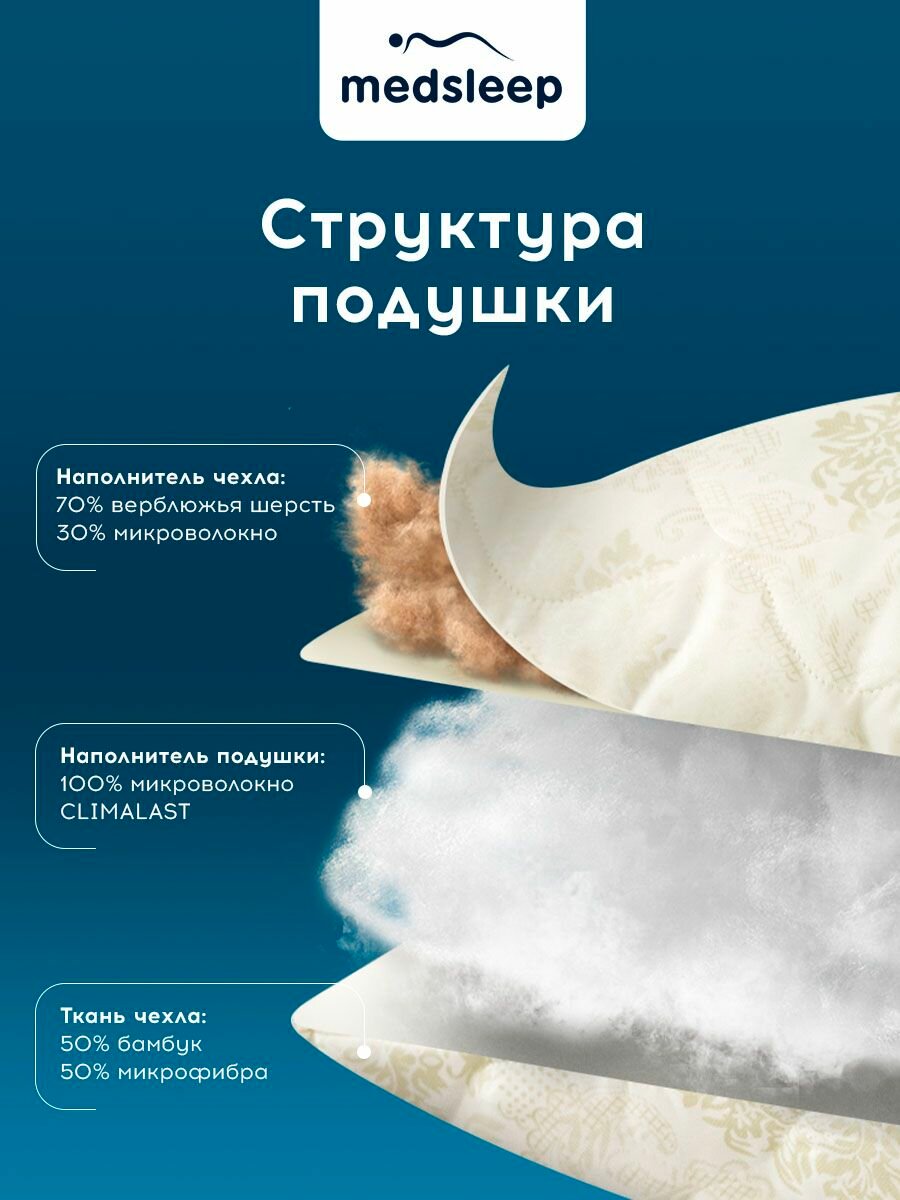 Medsleep Подушка для сна 70x70 "Camel Wool" стеганая, верблюжья шерсть, микроволокно "Climalast" 800 грамм — фото 1