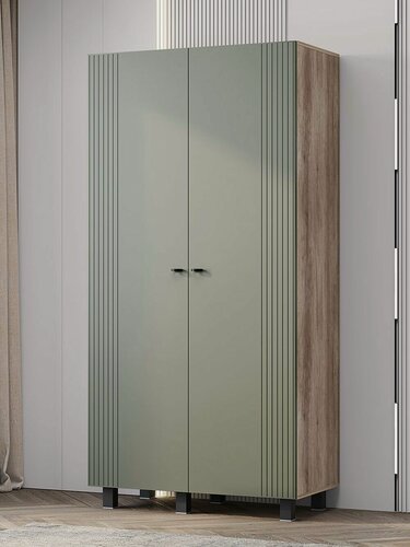 Изображение товара Распашной шкаф-пенал для одежды и хранения вещей Олива двухдверный, со штангой, с ящиками, 100.2х51х201.6 см, Дуб Каньон / Эвкалипт софт