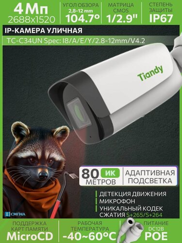 Изображение товара TIANDY TC-C34UN I8/A/E/Y/2.8-12mm/V4.2 4МП 2,8-12мм ИК CMOS PoE 2688х1520 IP камера видеонаблюдения уличная цилиндрическая с микрофоном поддержка карт памяти