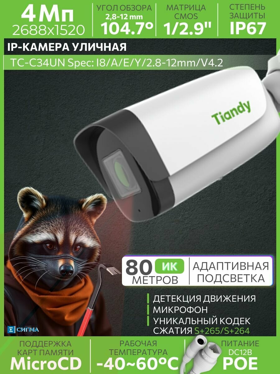 TIANDY TC-C34UN I8/A/E/Y/2.8-12mm/V4.2 4МП 2,8-12мм ИК CMOS PoE 2688х1520 IP камера видеонаблюдения уличная цилиндрическая с микрофоном поддержка карт памяти