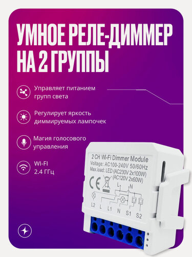 Изображение товара Умное реле Wi-Fi, диммер с нулем, контроллер на 2 канала, 100Вт на группу