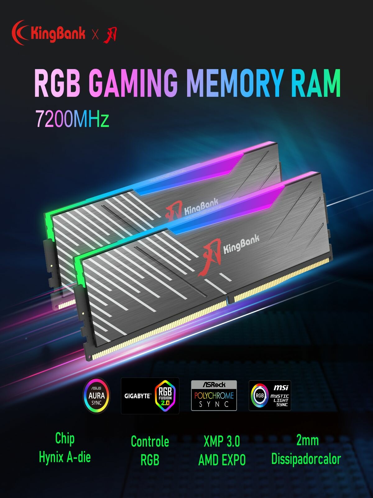 KingBank Оперативная память Dark Soarblade RGB RGB DDR5 UDIMM 7200MHz Drak Heatsink (Hynix A-die C34) 2x16 ГБ — фото 1