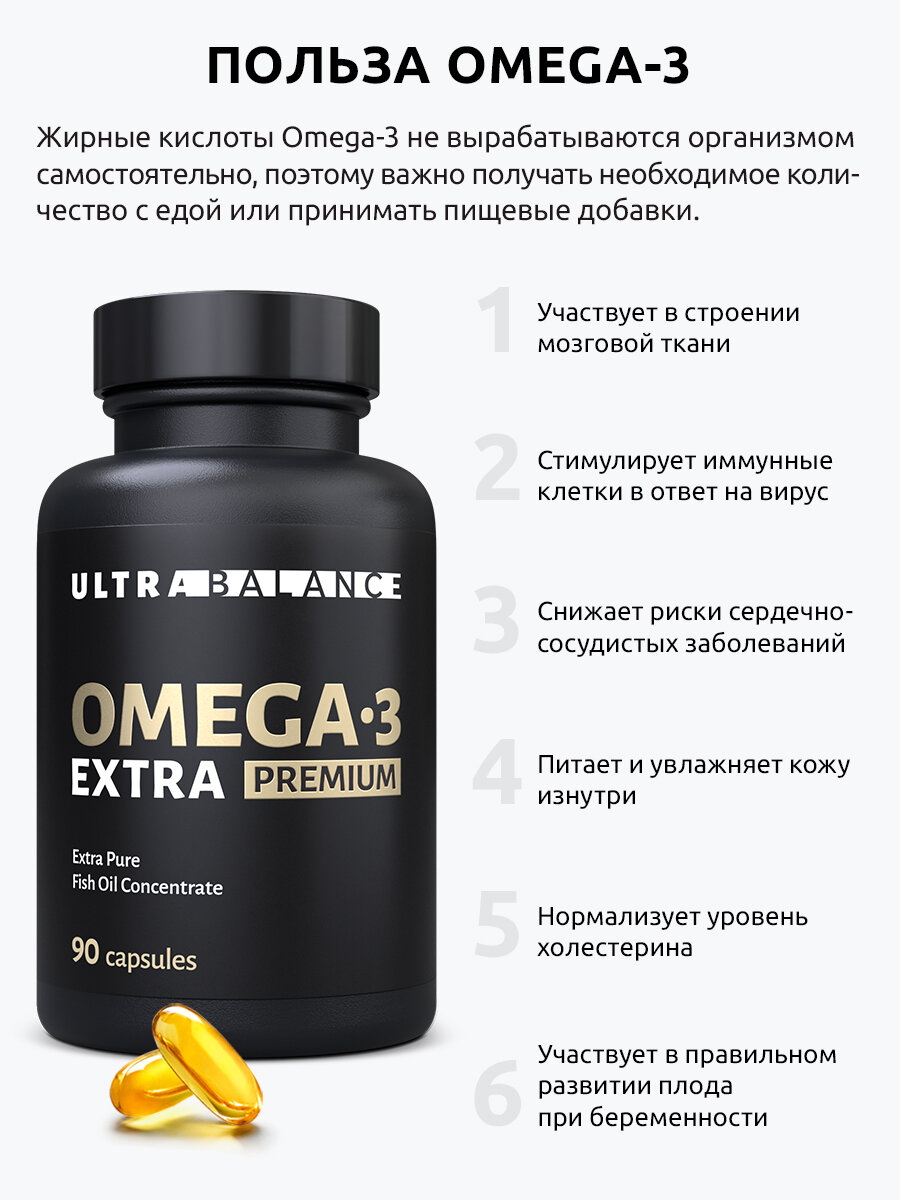 Витамины UltraBalance Омега-3 Экстра, рыбий жир, БАД для мужчин, спортсменов, беременных и кормящих женщин, 90 капсул — фото 1