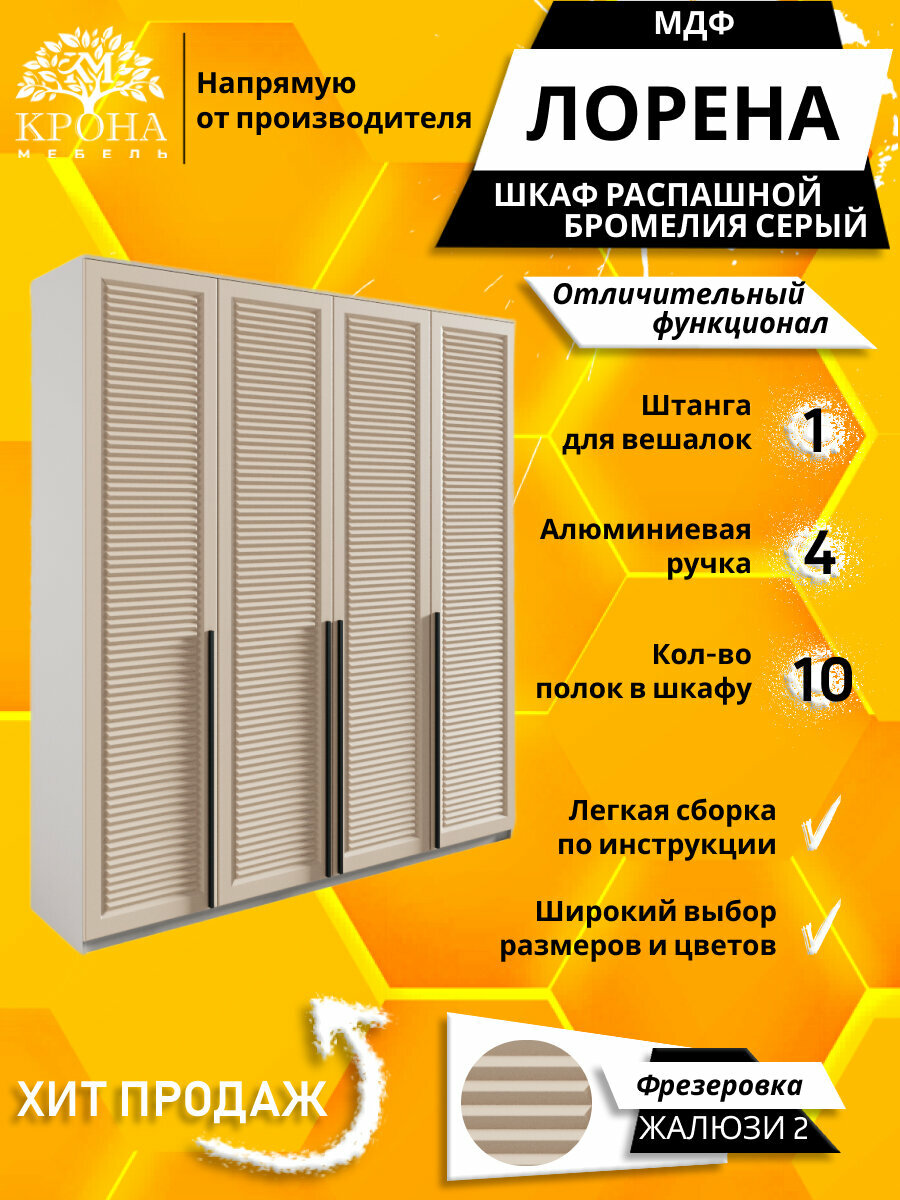 Шкаф распашной Лорена 4 МДФ 2 Жалюзи, серый/бромелия 160Х55Х200 4 двери, 10 полок