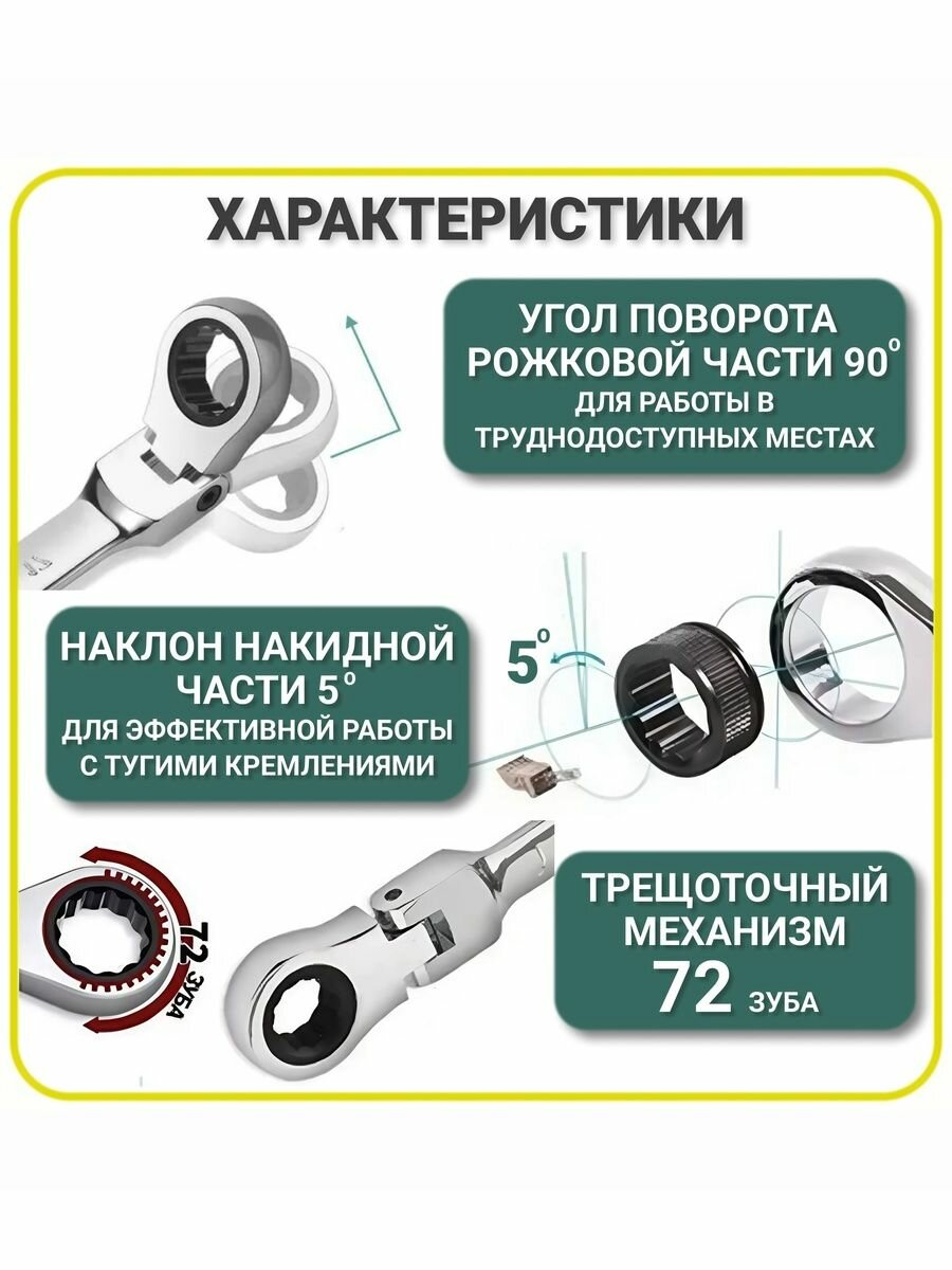 Набор ключей комбинированных трещоточных с шарниром 10 предметов — фото 1