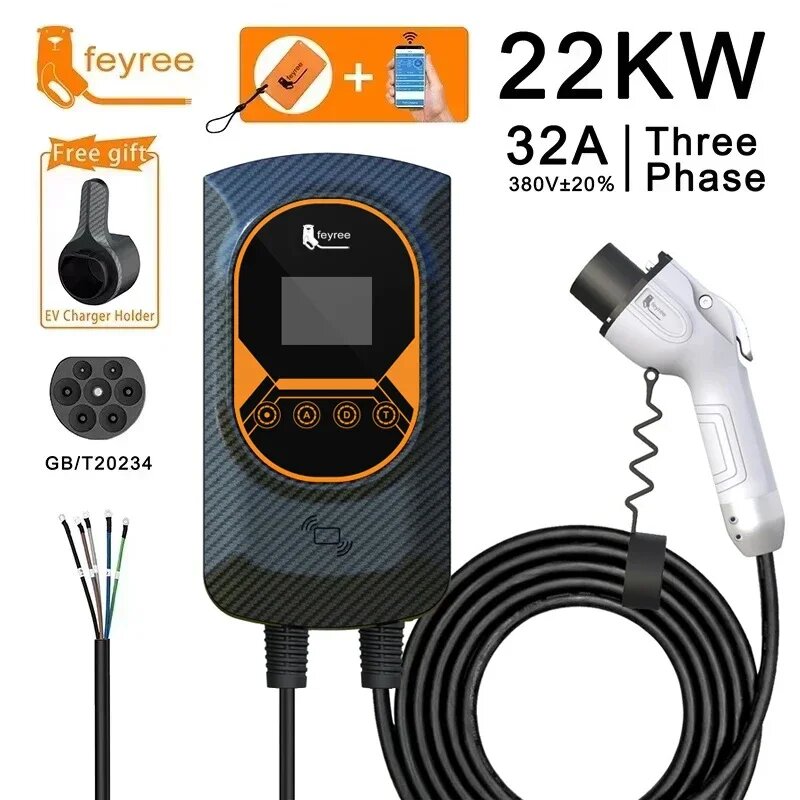 Feyree Зарядное устройство для электромобилей GB/T Шнур 16A 32A EVSE Wallbox 7KW 11KW 22KW APP Управление RFID-картой Кабель 5 м для электромобиля Автомобиля, 22KW 32A 3 Phase
