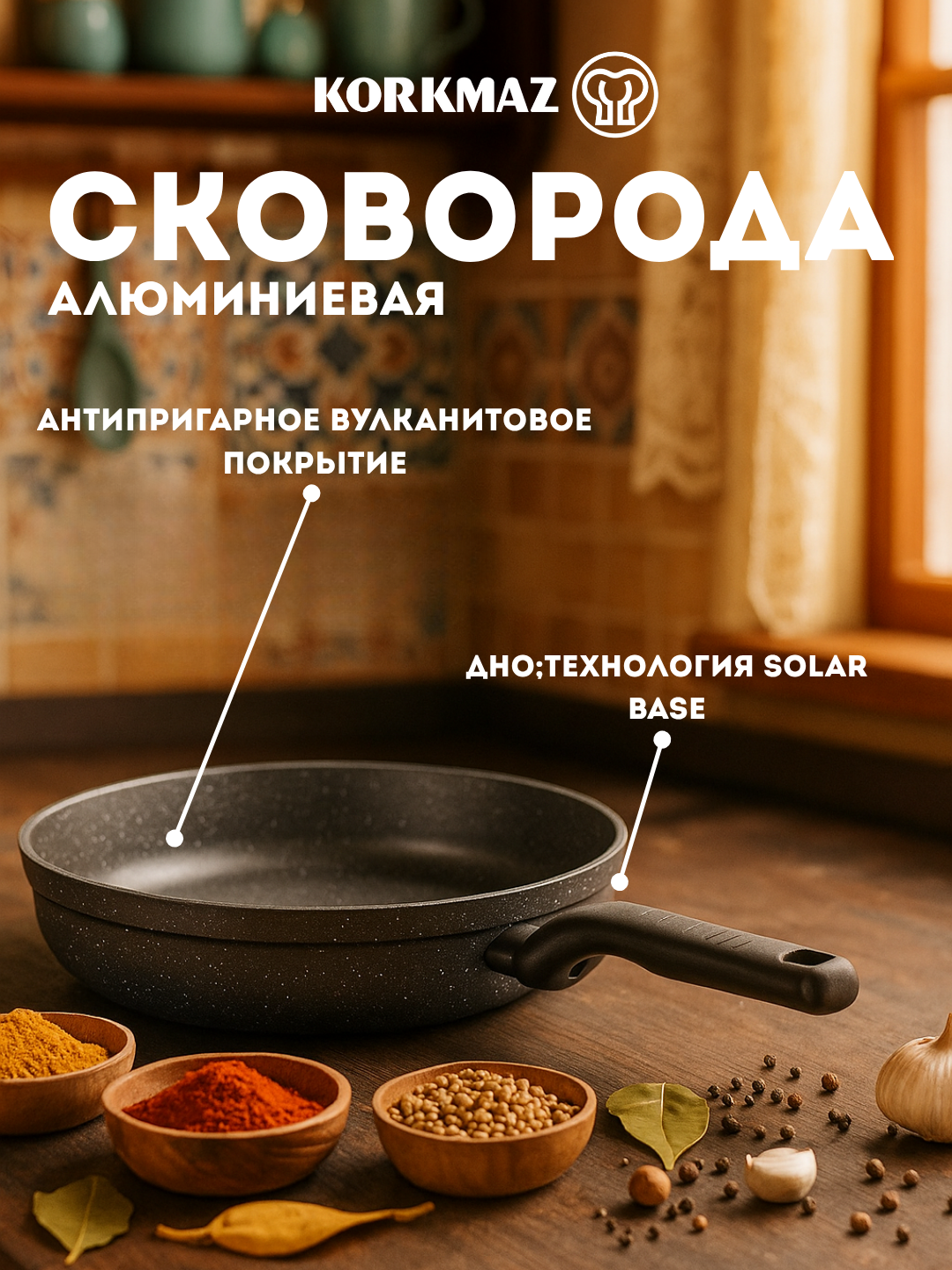 Сковорода для омлета алюминиевая KORKMAZ ORNELLA A1844, 24×4,7 см, 1 шт (2 л)