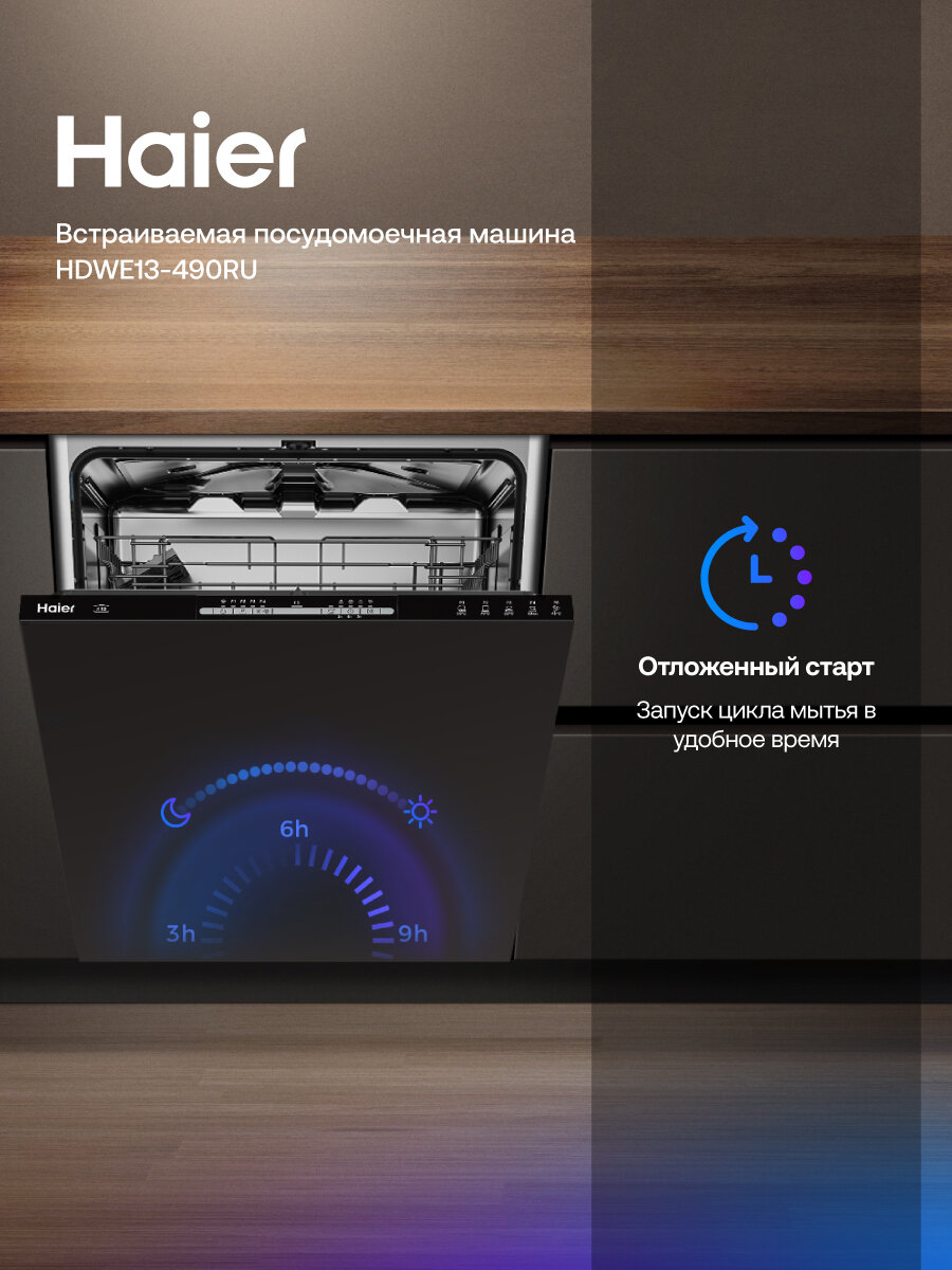 Изображение Посудомоечная машина Haier HDWE13-490RU, встраиваемая, конденсационная сушка, A+, 5 программ,13 комплектов, 60 см