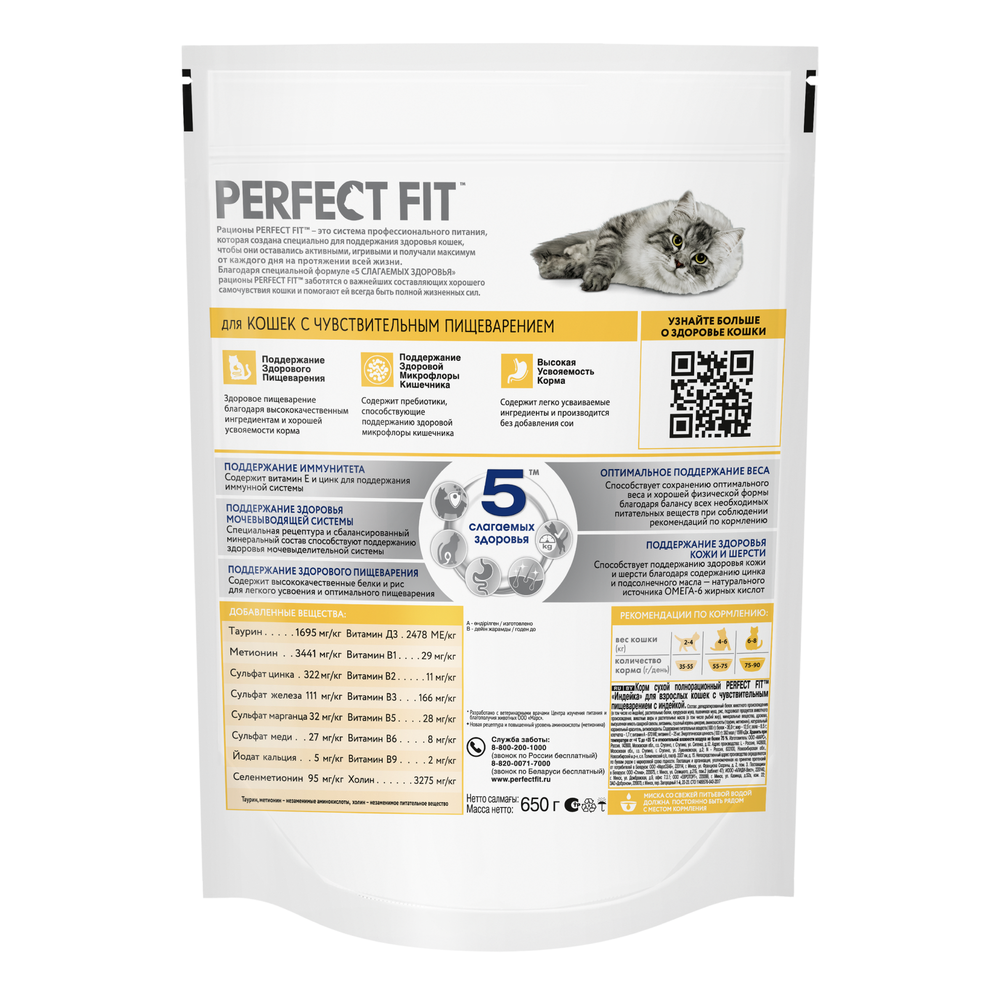 Сухой полнорационный корм PERFECT FIT для взрослых кошек с чувствительным пищеварением, с индейкой, 3 шт по 650 г — фото 1