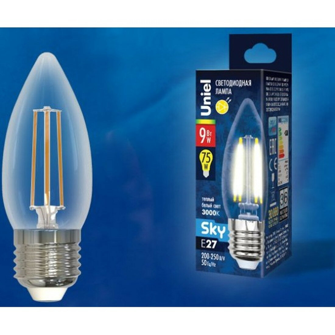Лампа Uniel LED-C35-9W E27 теплый белый свет 9Вт