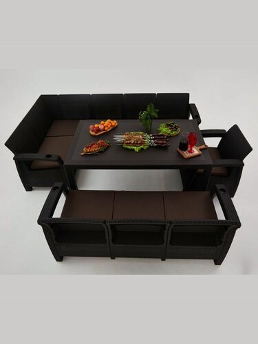 Изображение товара Комплект садовой мебели из ротанга Set 5+3+1+обеденный стол 153х79, с комплектом черных подушек