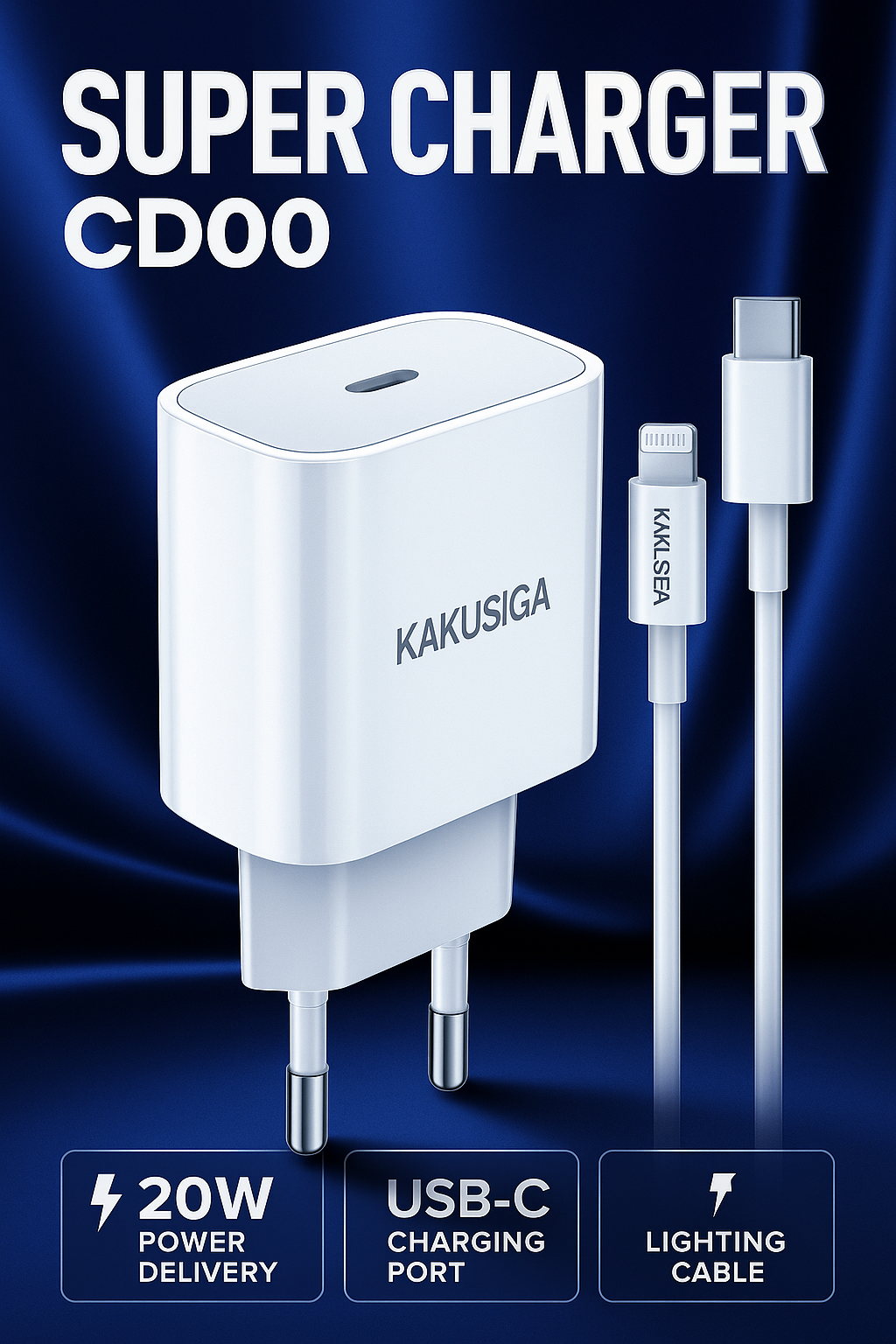 Сетевое зарядное устройство KAKUSIGA KSC-1229 для Type-C и Lightning, универсальное, белое