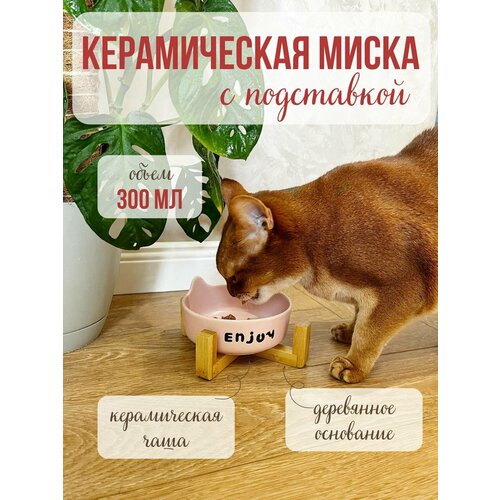 фото Миска qalla "enjoy", керамика, с бамбуковой подставкой, для разных видов животных, розовая