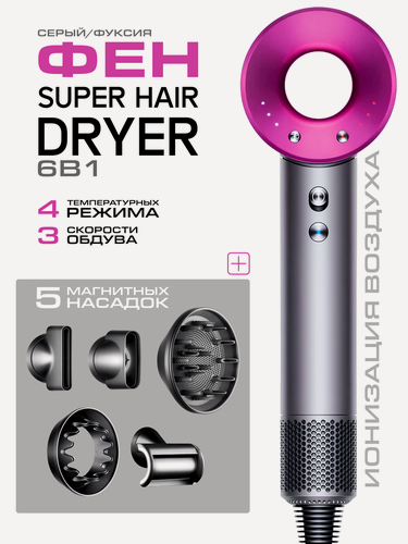 Изображение товара Фен для волос 6 в 1 Комплект для укладки волос с 5 насадками Super Intelligent Heat Control серый/фуксия