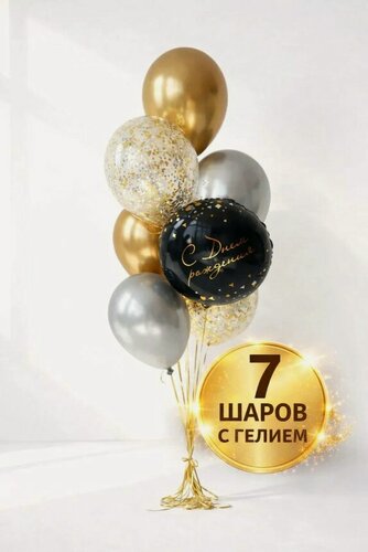 Изображение товара Фольгированные воздушные гелиевые шары, надутые в фонтан из латексных и прозрачных шаров с конфетти "На День Рождения", 7 шт