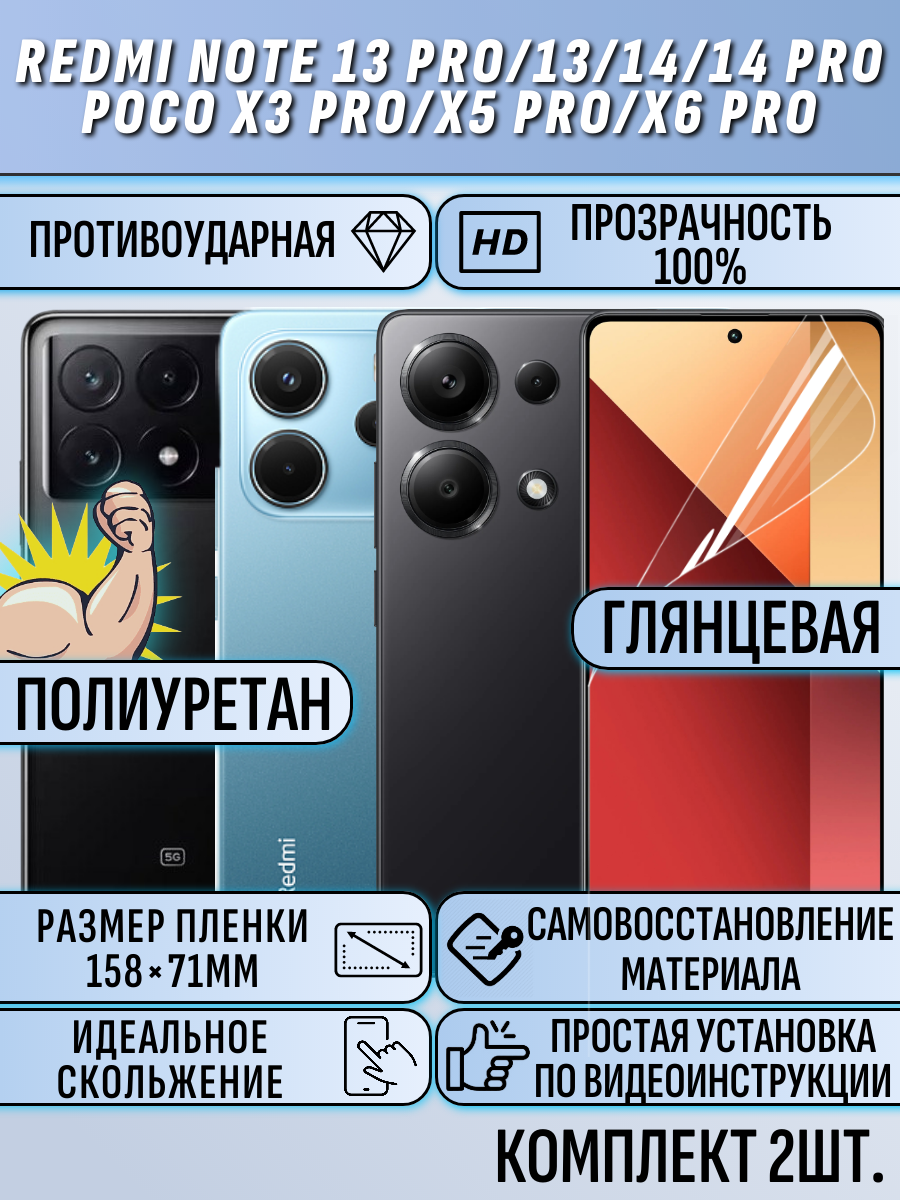 Гидрогелевая пленка Redmi Note 14 / 14 Pro / 13 / 13 Pro / 12 глянцевая 2шт